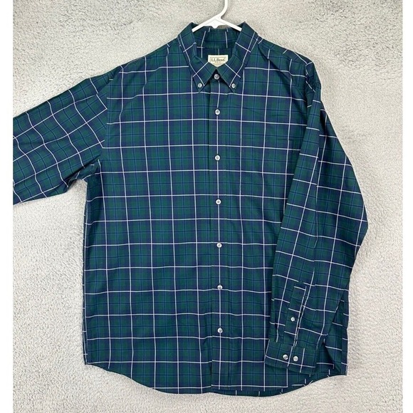 L.L. Bean Button Down Shirt Mens Large Blue Plaid Traditional Fit Long Sleeve